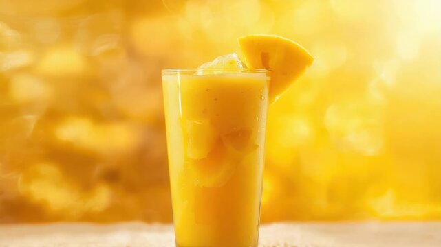 Fresh sunny mango smoothie in tall glass with ice slice tropical refreshment