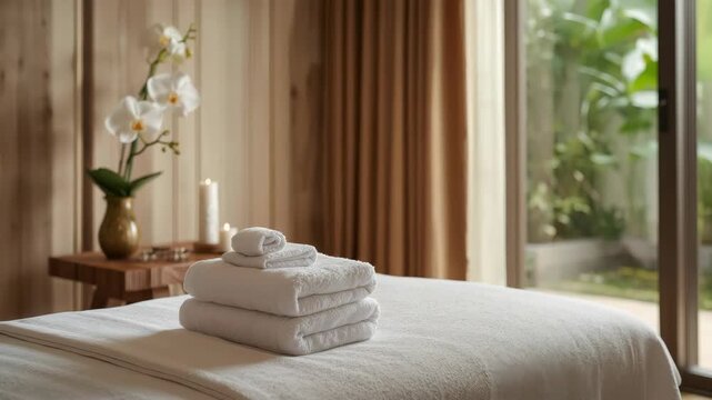 Serene spa scene stack of white towels on massage table with orchid and candle ambiance