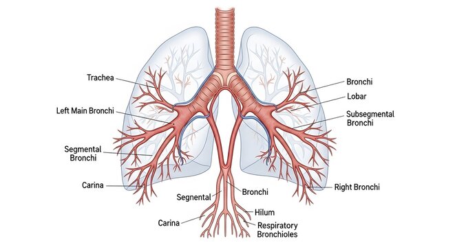 An anatomical medical illustration of the human bronchial tree and lungs, detailing the trachea, carina, segmental bronchi, and respiratory bronchioles for educational and clinical use