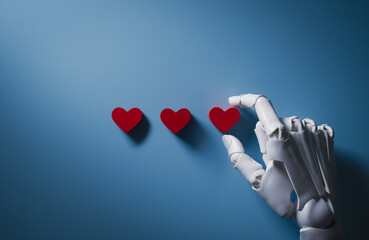 AI Robotic Hand Selecting Red Heart for Emotional Intelligence Concept