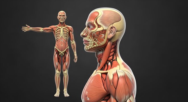 An anatomical 3D medical illustration of the human muscular system featuring a full-body frontal view and a detailed head and neck profile showing facial muscles and torso anatomy.