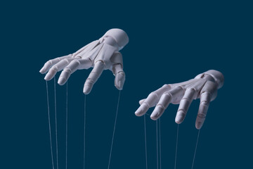 White Robotic Hand Controlling Puppet Strings on Dark Blue Background