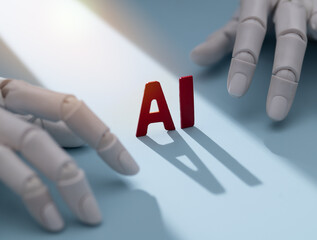 Robotic Hand Pointing at Red AI Letters with Dramatic Light and Shadow