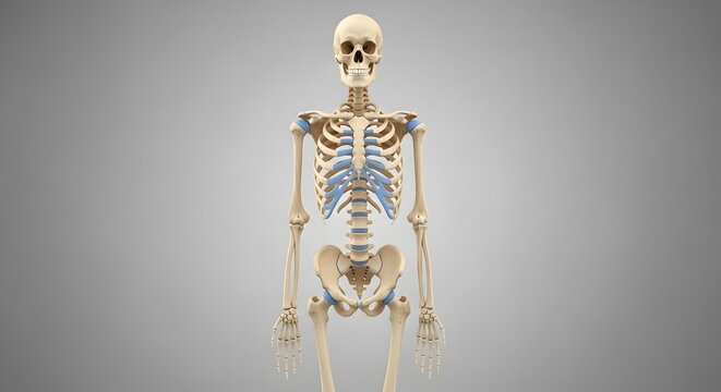 An accurate medical illustration of the human skeletal system showing the full skeleton with detailed views of the skull, rib cage, spine, and pelvis on a neutral background.