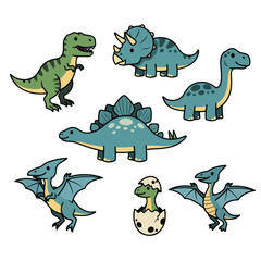 A colorful illustration of seven smiling dinosaurs © Wiza