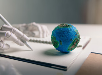 Robotic Hand Writing Notes with Globe Model for Global AI Strategy