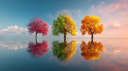 Three trees displaying the colors of different seasons reflected in calm water with a stunning sky background. This image captures the beauty of nature.