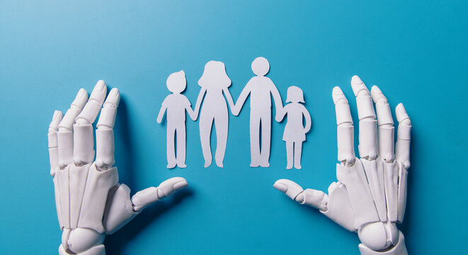 AI Robotic Hands Protecting Paper Cutout Family for Safety Concept