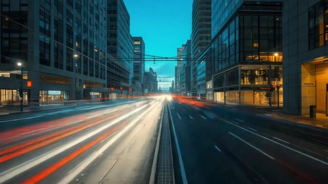 Dusk city street light trail long exposure modern building office tower glass highrise