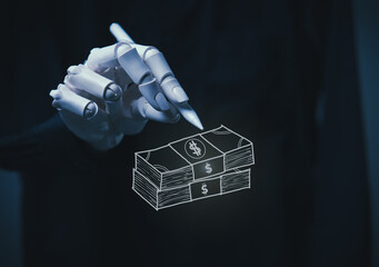 Artificial Intelligence Robot Hands Holding Digital Money Icon for Financial Tech