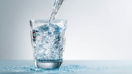 Fresh water is poured into a glass, creating a refreshing and inviting scene. The crystal-clear liquid glistens, promising hydration and rejuvenation