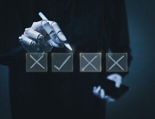 AI Robot Hand Choosing Correct Option with Checkmark and Cross Symbols