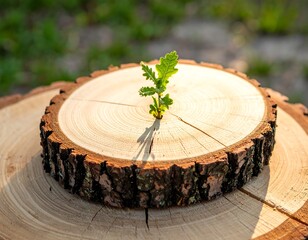 A small green plant grows from a cut tree stump outdoors