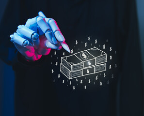 Artificial Intelligence Robot Hands Holding Digital Money Icon for Financial Tech