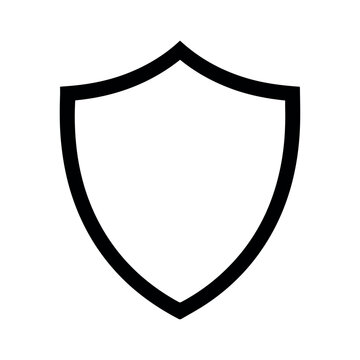 A simple black shield icon on a white background representing protection and security in a minimalist flat design style