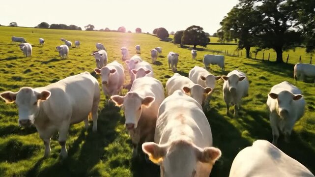 A herd of light-colored cows with ear tags grazing in a sunlit green pasture with large trees