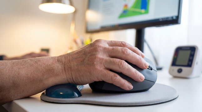 Adaptive Mouse: Close-up of a hand with arthritis using a vertical ergonomic mouse and a wrist rest, comfortable office setup, medical tech.