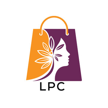 LPC Elegant Beauty Shopping Bag. LPC Logo Design with Female Face and Leaf. LPC Best Icon.
