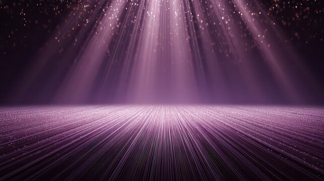 Purple Light Rays Shining Down On Glittering Platform With Abstract Pattern And Particles Floating In The Air Festive Atmosphere