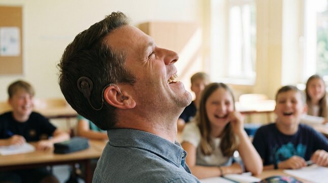 Cochlear Implant: Side profile portrait of a male teacher wearing a cochlear implant, laughing with students in the background, soft depth of field.