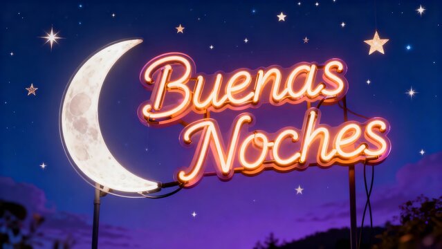 Glowing Buenas Noches neon sign against dreamy night sky
