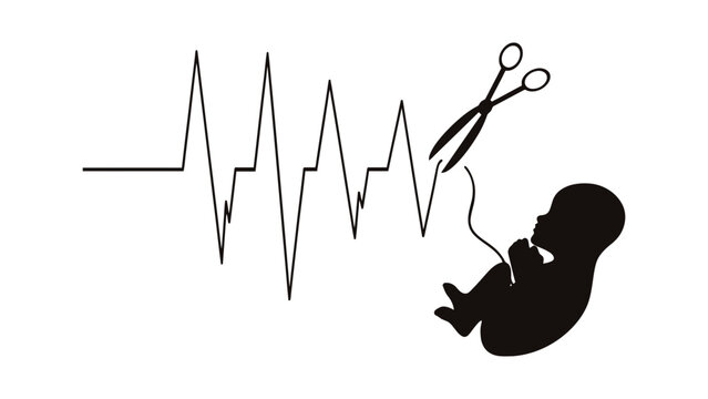 A graphic illustration of a fetus and a heartbeat with scissors