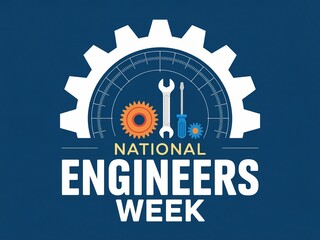 National engineers week logo with gear and tools on blue background