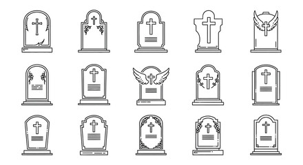 A collection of monochrome tombstone and angel wing illustrations arranged in a grid pattern high quality professional detailed