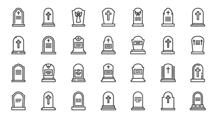 A collection of simple outlined tombstone and headstone icons arranged in a grid pattern on a white background