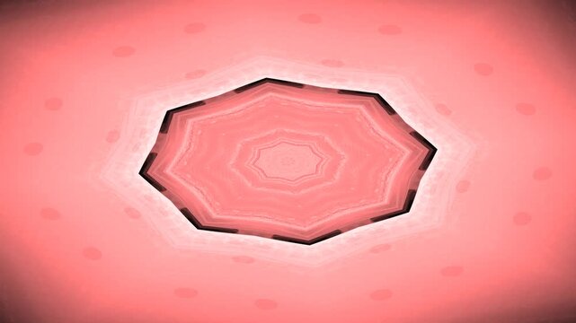 A radial, symmetrical, rosy red pattern with central octagonal shape and textured layers