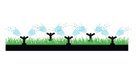 A simple illustration depicts a row of black lawn sprinklers spraying water over lush green grass high quality