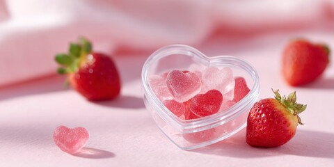 Sweet heart gummies in box with fresh strawberries