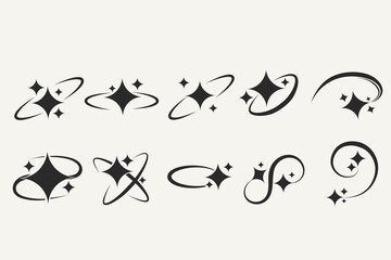Minimal shooting star spiral icon set vector illustration in monochrome style, clean and scalable.