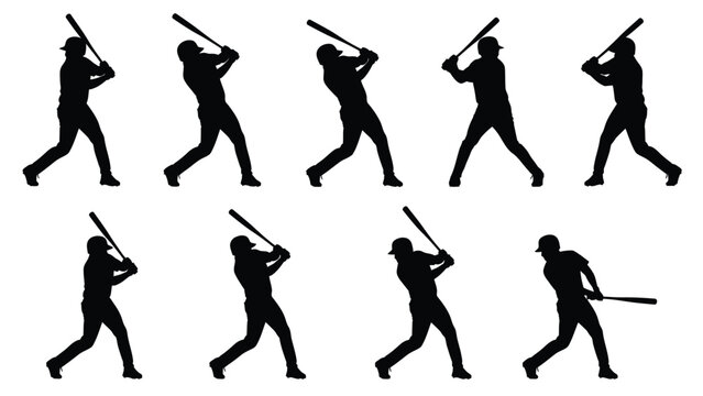 A baseball player swings a bat in various dynamic poses.