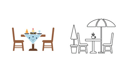 An illustration of two different outdoor dining settings with tables and chairs