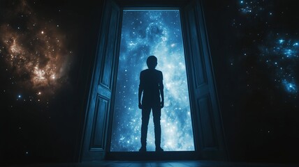 Fototapeta premium silhouette person standing at cosmic galaxy doorway universe space scene