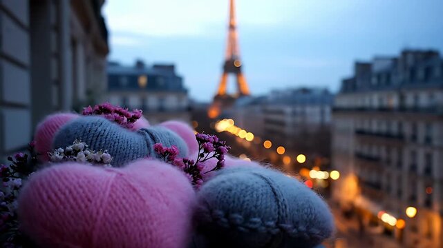 Charming knitted pink and gray heart-shaped decorations rest on a balcony railing with a distant illuminated Eiffel Tower at dusk