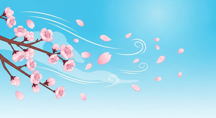 Cherry Blossom Branch with Pink Petals Blowing in the Wind against Blue Sky