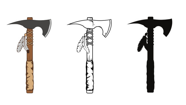 Three different colored tomahawks with feathers on a white background