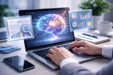 Fototapeta premium Businessman working with AI data visualization on laptop