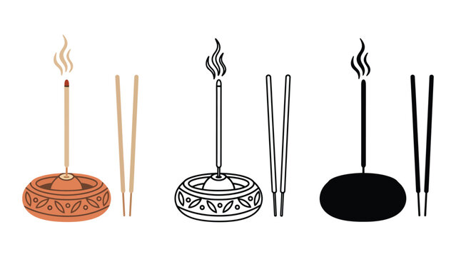 A set of colorful incense sticks and holders on a white background