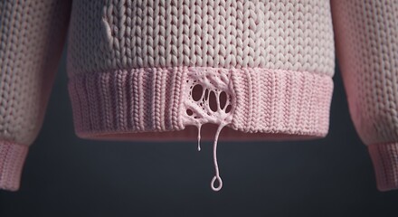 A detailed close-up shows a soft pink knitted sweater with a peculiar, gooey pink substance oozing