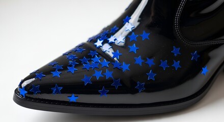 Shiny black pointed boot adorned with vibrant blue star embellishments, showcasing a glossy,