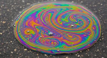 Fototapeta premium Vibrant rainbow colored oil slick on wet asphalt with swirling patterns and water droplets