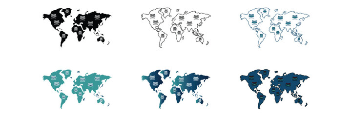 Dynamic World Map Icon Set Global Planet Earth Geography with Detailed International Maps and Location Markers in Various Colours for Worldwide Map Symbols