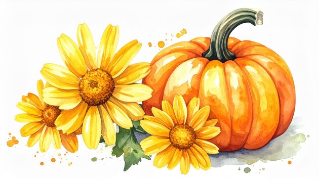 Watercolor painting of a vibrant orange pumpkin and bright yellow daisies, autumn harvest theme.