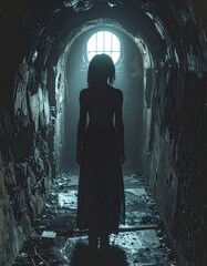 A woman stands in a dimly lit, ruined passageway