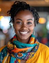 A woman with a vibrant scarf and warm smile in a blurred background