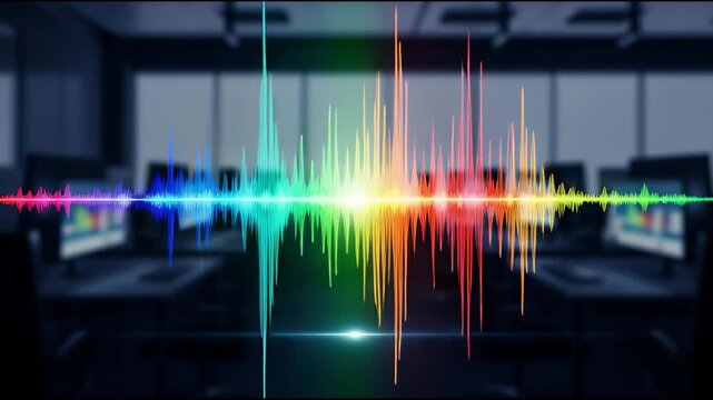 Abstract digital audio waveform displaying colorful sound spectrum