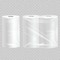 Realistic Toilet Paper Package Mockup Set. Vector White Plastic Shrink Wrap with Rolls.